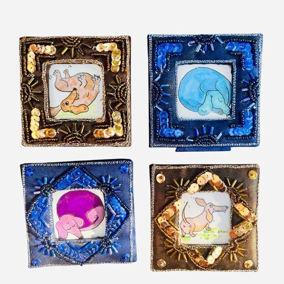 Handcrafted Original Dachshund Illustrations Set of 4 Framed Mini Miniature Art - Picture 1 of 6